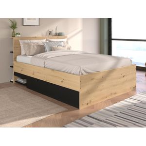 Bed met opbergruimte 140 x 190 cm - Kleur: houtlook en zwart + matras - RADANI