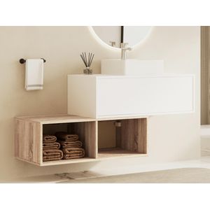Zwevend badkamermeubel met vierkante wastafel - 1 witte lade en 2 nissen in lichte houtlook - 94 cm - TEANA II