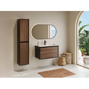 Geribbeld hangmeubel voor badkamer met inbouwwastafel en kolomkast - Donker naturel en zwart - 80 cm - BANIVA