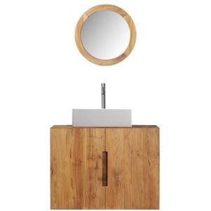 Hangende badkamermeubel van teakhout met wastafel en spiegel - 80 x 55 cm - SAWAN