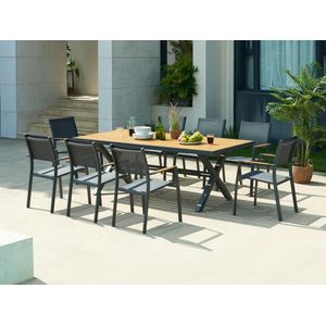 Tuineethoek van aluminium: een tafel D220 cm en 8 opstapelbare fauteuils - Antraciet en licht naturel - INOSSE van MYLIA