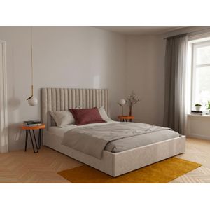Bed met opbergruimte 180 x 200 cm met hoofdbord met verticale stiksels - Stof - Beige + matras - SARAH