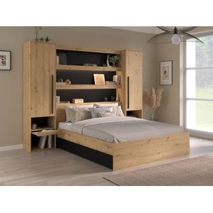 Bed met bedbrug 140 x 190/200 cm met opbergruimte - Met ledverlichting - Kleur: naturel en zwart + bedbodem - VARLY