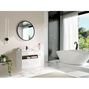 Zwevend badkamermeubel met ledverlichting en inbouwwastafel - Wit en zwart met marmerlook - L80 cm - POZEGA