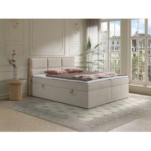 Set compleet decoratief bed met hoofdbord met hout + bedbodems met opbergruimte + matrassen + dekmatrassen - 180 x 200 cm - Stof - Beige - SIAKI van YSMÉE