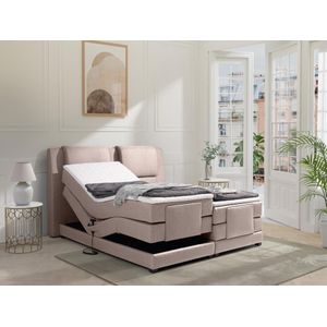 [NEW VERSION]Tweepersoons boxspring met elektrische bedbodem + matras en dekmatras CASTEL PALACIO - 2x80x200cm - Beige stof