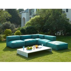 Moduleerbare tuinzithoek 5 plaatsen van stof: 3 fauteuils, 1 hoek, 1 poef en 1 salontafel - Groen - LIVAI van MYLIA