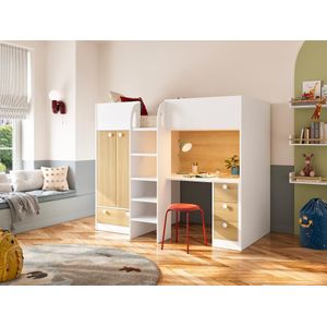 Vente-unique Hoogslaper 90 x 190 cm met kast en bureau - Wit en naturel - CINAMO L 196 cm x H 162.3 cm x D 120.8 cm