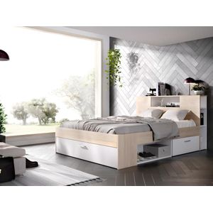 Bed met hoofdeinde, opbergruimte en lades - 160 x 200 cm - Wit en naturel - LEANDRE