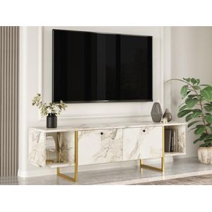 Tv-meubel met 2 deuren en 2 planken - Wit marmereffect en goudkleurig - DERANA