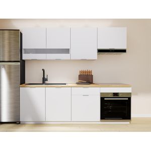 Complete keuken – 200 cm – 6 opbergelementen – Wit en houtlook – CARMEO
