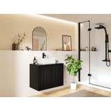 Hangend, geribbeld badkamermeubel met opzetwastafel - Zwart - L80 cm - ZILGA