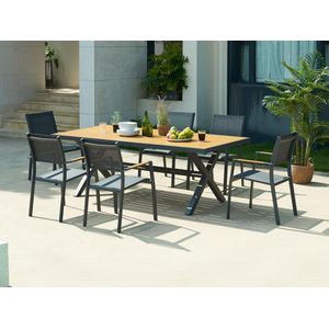 Tuineethoek van aluminium: een tafel D220 cm en 6 opstapelbare fauteuils - Antraciet en licht naturel - INOSSE van MYLIA
