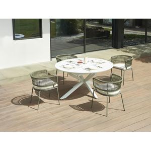 Tuineetset van aluminium: een verlengbare tafel L150/200 cm en 4 fauteuils van metaal en touw - Kaki en wit - PISTO van MYLIA