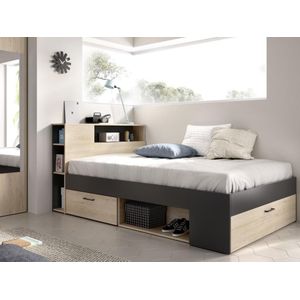 Bed met hoofdeinde met opbergruimte en lades - 120 x 190cm - Kleur: naturel en antraciet + Bedbodem - LEANDRE