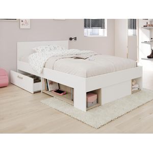 Bed met Opbergruimte - 120x190 cm - Wit en Houtlook - KINSELIA