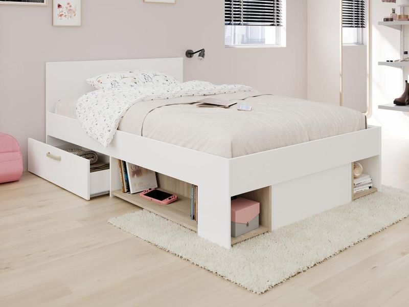 Vente-unique Bed met Opbergruimte - Wit en Houtlook - KINSELIA