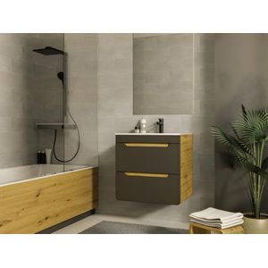 Hangmeubel voor badkamer met inbouwwastafel - Naturel en antraciet - 60 cm - ARUBA