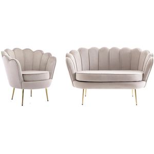 Zitbank 2 personen en fauteuil in schelpvorm in taupe fluweel DANDELION