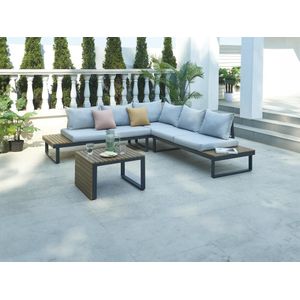 Moduleerbare tuinsalon van aluminium en polywood: 1 hoekbank + 1 salontafel - Antraciet en licht naturel - KARPENISI van MYLIA