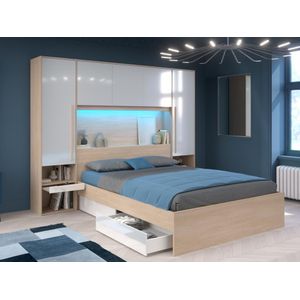 Bed met bedbrug 160 x 200 cm met opbergruimte - Met ledverlichting - Kleur: naturel en glanzend wit + bedbodem - VELONA
