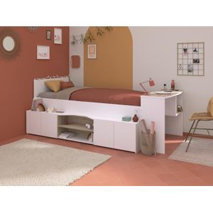 Combinatiebed 90 x 190/200 cm met bureau en opbergruimte - Wit en houtlook + bedbodem - JOCHIANE