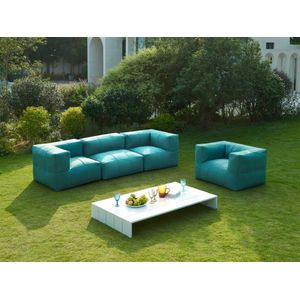 Moduleerbare tuinzithoek 4 plaatsen van stof: 1 fauteuil met armleuningen, 1 fauteuil, 2 hoeken en 1 salontafel - Groen - LIVAI van MYLIA