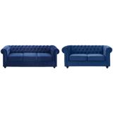 Chesterfield Bankstel - Fluweel - Koningsblauw - Comfortabel en Trendy - Afmetingen: L 205 x D 88 x H 72 cm
