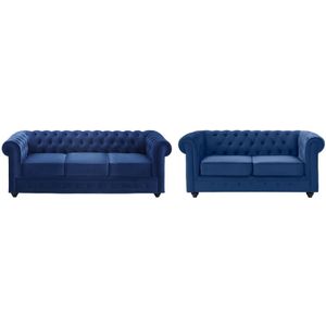 Chesterfield Bankstel - Fluweel - Koningsblauw - Comfortabel en Trendy - Afmetingen: L 205 x D 88 x H 72 cm