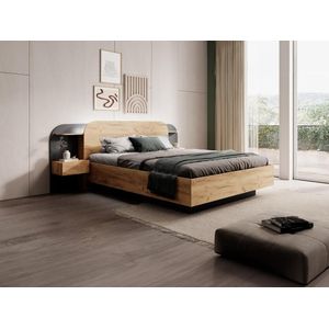 Bed met nachtkastjes 160 x 200 cm - Met ledverlichting - Kleur: houtlook en zwart – Met bedbodem – JUVISIA