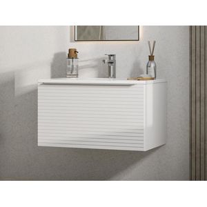 Wit hangmeubel voor badkamer met groeven met enkele inbouwwastafel - 60 cm - LATOMA