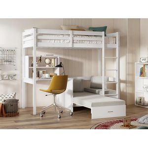 Hoogslaper 90 x 200 cm met bureau, slaapbank en opbergruimte - Massief grenen - Gebleekt + Matras - GOLIATH III