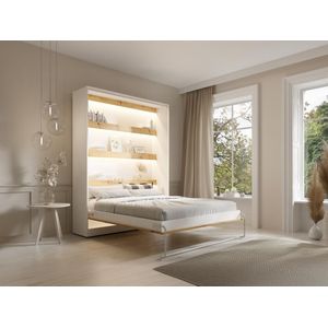 Bedkast 160 x 200 cm - Handmatige verticale opening - Met ledverlichting - Wit en houtlook - RAPILI