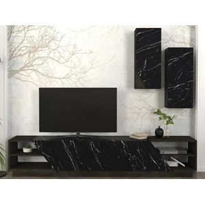 Tv-set met opbergruimte - Zwart marmereffect en donker naturel - ZALTIA