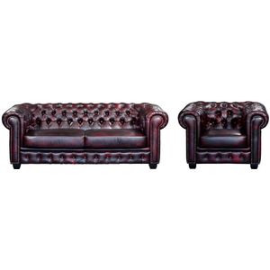 Driezitsbank en fauteuil Chesterfield BRENTON 100% buffelleer - cherry