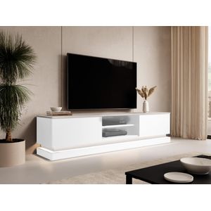 Tv-meubel met 2 lades en 2 nissen met ledverlichting van mdf - Glanzend wit met wit marmereffect - DEVIKA van Pascal MORABITO