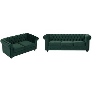 Drie- en tweezitsbank van groen velours CHESTERFIELD