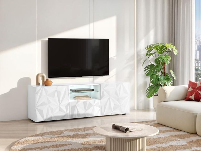 Tv-meubel ERIS - Met led-verlichting - Twee deuren en 1 lade - Wit gelakt