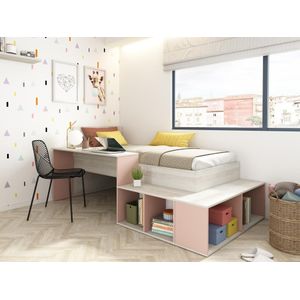 Combinatiebed 90 x 200 cm met opbergruimte en bureau - Kleur: houtlook en roze - RIGALI