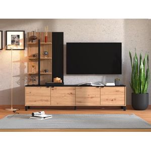 Tv-wand met 4 deurtjes en 3 legplanken - Houtlook en zwart - NUJA