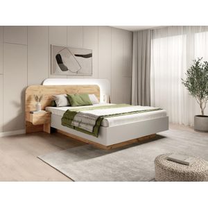 Bed met nachtkastjes 160 x 200 cm - Met ledverlichting - Kleur: houtlook en wit – Met bedbodem – Met matras – DESADO