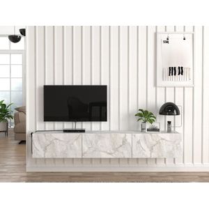 Hangend tv-meubel met 3 deuren - Wit marmereffect - VIKILA