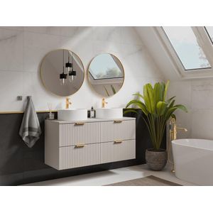 Geribbeld hangmeubel voor badkamer met ronde dubbele opbouwwastafel - Beige - L120 cm - ZEVARA