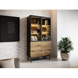 Vente-unique - Vitrinekast - Houtlook en Zwart - Met 4 Deurtjes en Ledverlichting