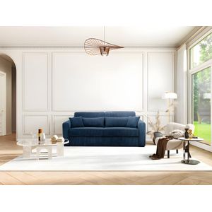 Express-vierzitsslaapbank van blauw ribfluweel - Bed met brede latten 160 cm - Matras 18 cm - MONDOVI