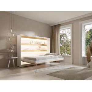 Bedkast 140 x 200 cm - Handmatige horizontale opening - Met ledverlichting - Wit en houtlook - RAPILI