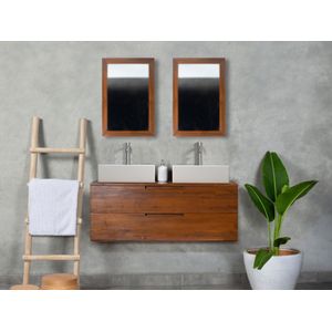 Hangende badkamerkast van donker teakhout met dubbele wastafel en spiegels - 2 lades - 115 cm - BIMBING