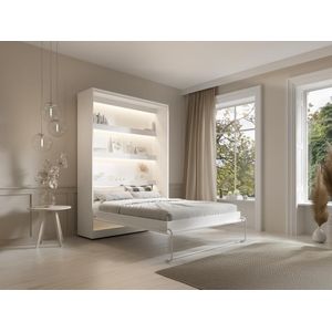 Opklapbaar bed 140 x 200 cm - Verticale handmatige opening - Met ledverlichting - Wit + matras - RAPILI