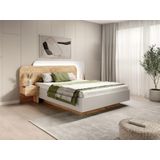 Bed met opbergruimtes met nachtkastjes 160 x 200 cm - Met ledverlichting - Kleur: naturel en wit + matras - DESADO