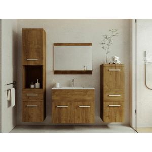 Hangend badkamermeubel – Donkere houtlook – Enkele wastafel – Kolomkasten en spiegel – 60 cm – CLAUDIA II